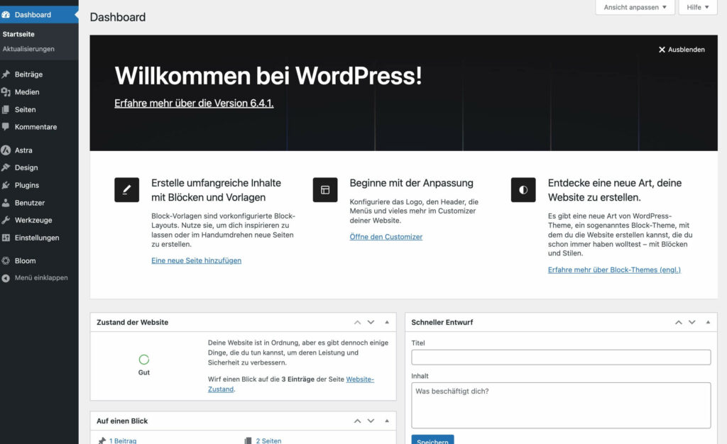 WordPress Dashboard die Übersicht des Admin Bereichs
