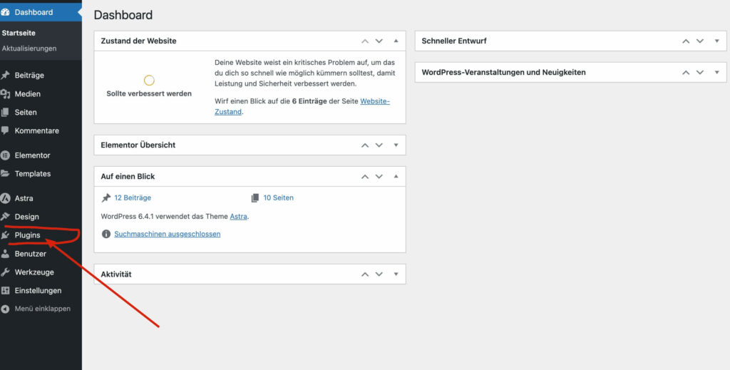 WordPress Admin Dashboard menü Plugins klicken 