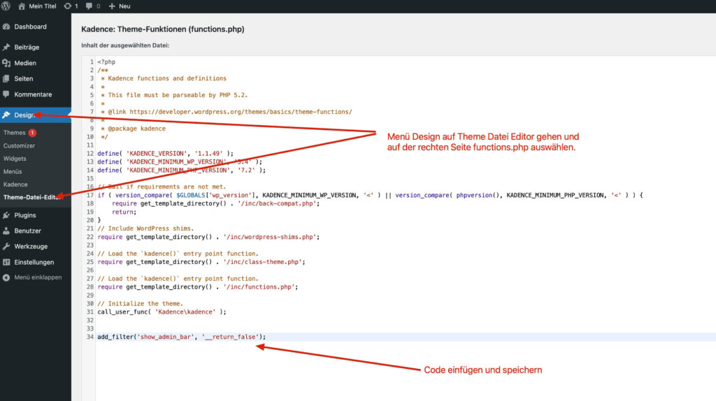 WordPress Admin Bar mit Code Schnippsel in der Functions PHP entfernen lassen